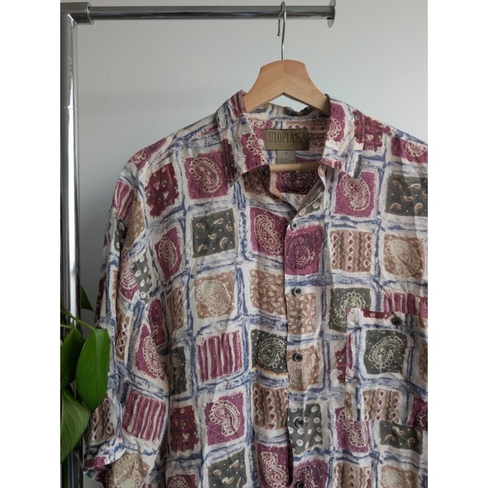 vintage 80s 100% silk button up shirt Utopia M paisley purple green geometric
